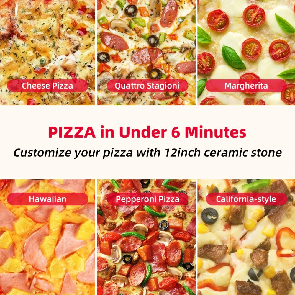 Indoor Pizza Oven 12 Inch Countertop Electric Pizza Maker 1200W – Reaches 800°F in Minutes, Dual Knob Control, Ceramic Stone, Transparent Window, Anti-Scald Handles for Home Kitchen