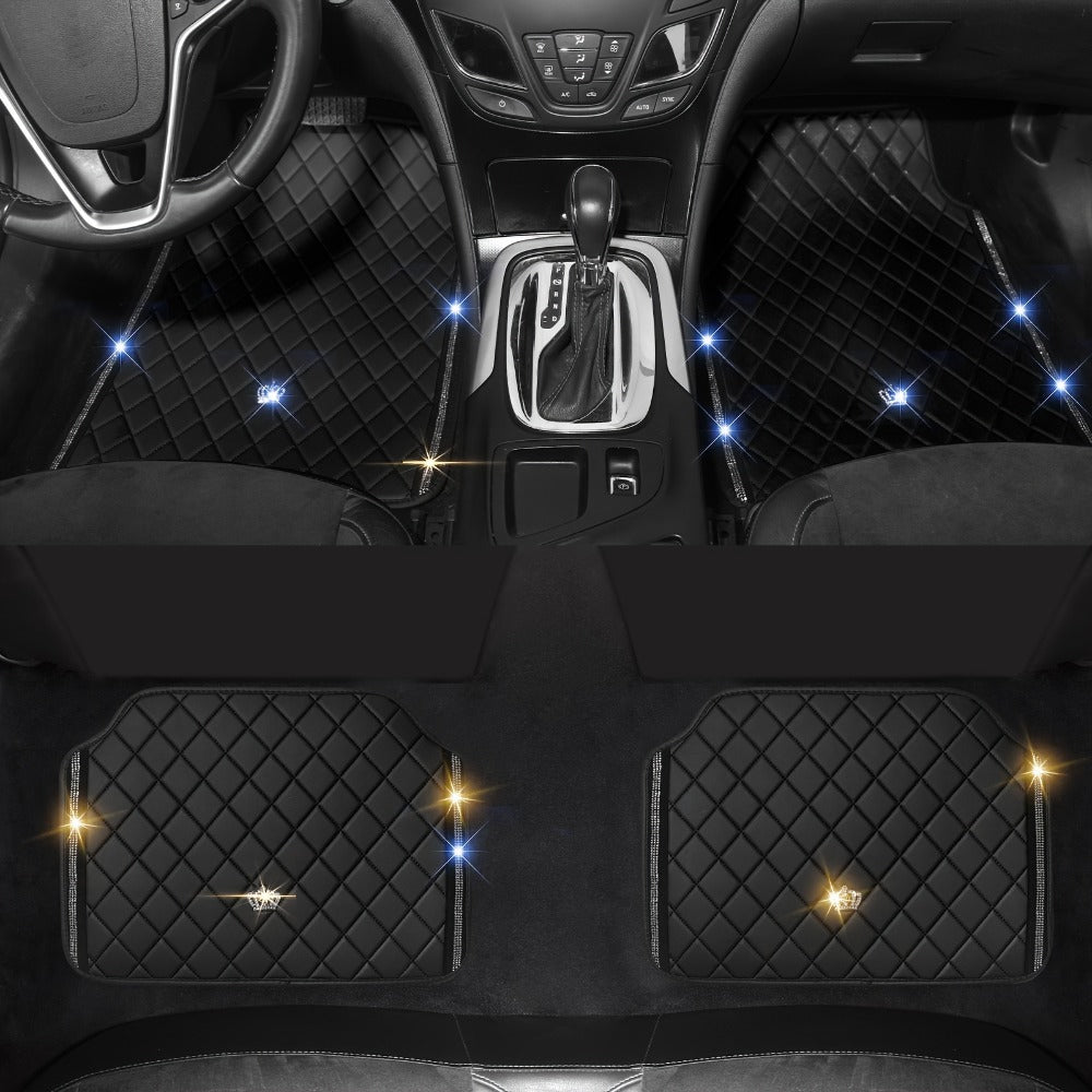 Luxury Car Floor Mats PU Leather Rhinestone Crown Embroidery – Glitter 3D Embossed Foot Pad, Easy Clean, Unisex, Red & Black