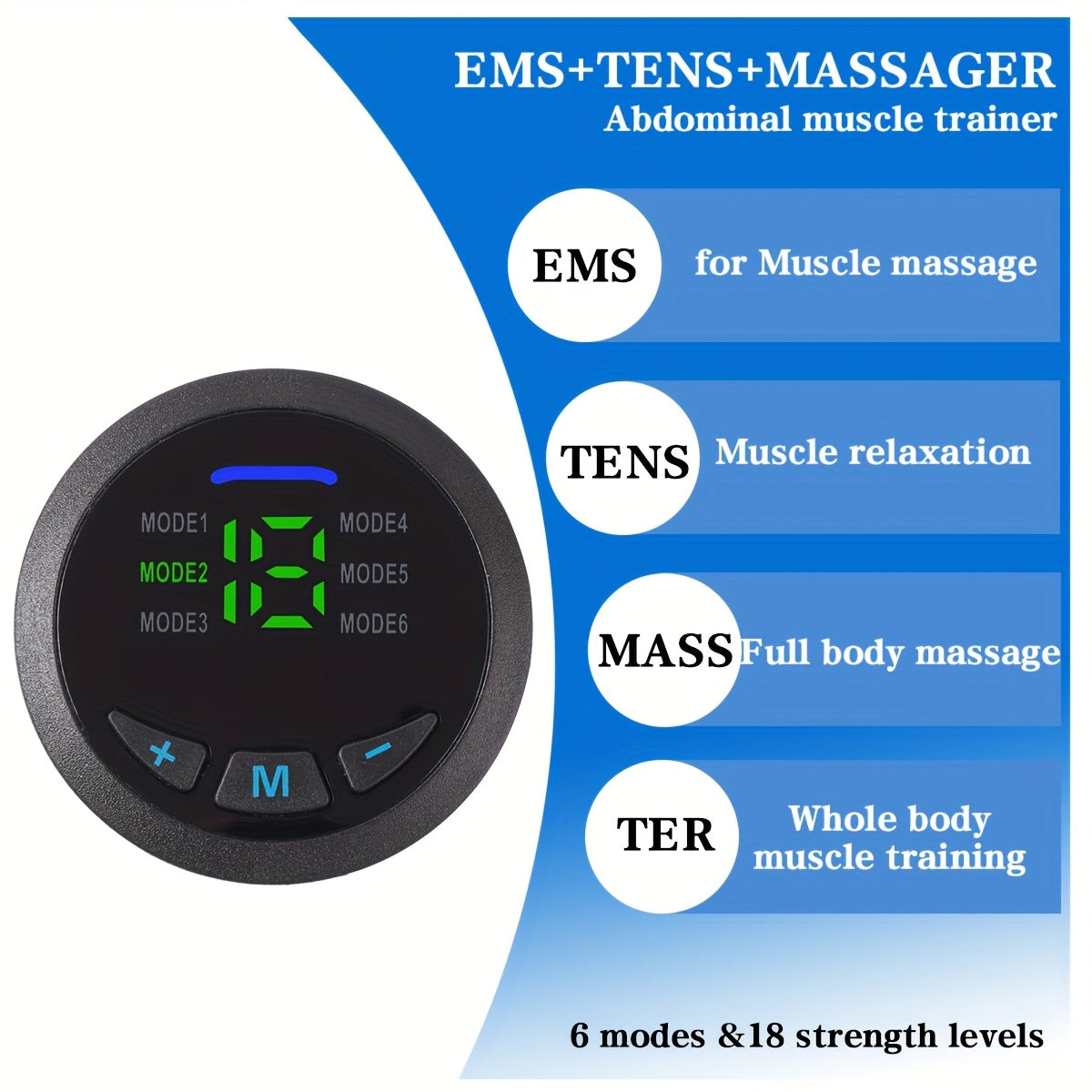 EMS Muscle Stimulator Fitness Belt 3-Piece Set 6 Modes 18 Intensity Levels USB Rechargeable Full Body Relaxation Massager