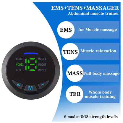 EMS Muscle Stimulator Fitness Belt 3-Piece Set 6 Modes 18 Intensity Levels USB Rechargeable Full Body Relaxation Massager