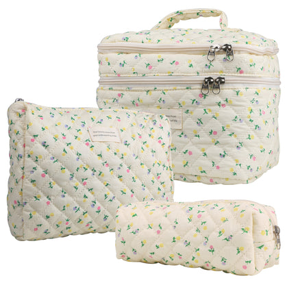 Quilted Floral Makeup Bag Set 3PCS Large Capacity Dual Layer Cotton Cosmetic Bags Coquette Aesthetic Travel Toiletry Organizer Gift for Women Girls Blue Rose Pink