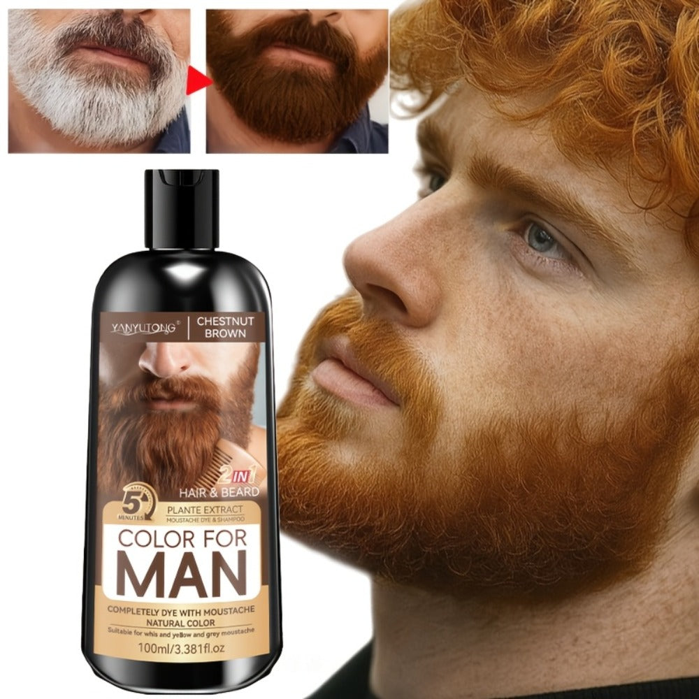Gray Beard Dye Shampoo for Men 2-in-1 Semi-Permanent Natural Sulfate-Free Formula — Colors & Conditions in One Step, Fast Gray Coverage for Beard Sideburns & Hair, Black Brown Chestnut Brown