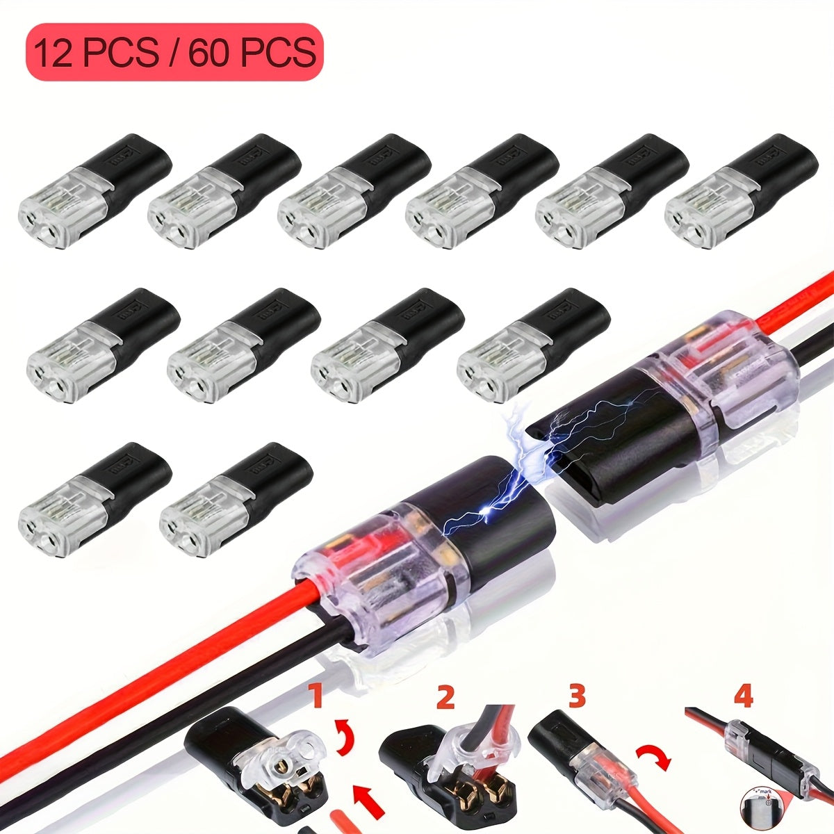 12pcs/ 60/72pcs Dual Line Plug-in Connector, 2-pin 2-port, PVC Insulation, Copper Contact Material, Quick Connect Terminal, No Charge Power Mode, with Locking Buckle, Used for Connecting LED Wires to Cars and Homes