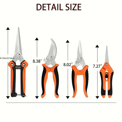 Gardening Pruning Tool Set 8 Piece Stainless Steel | Pruning Shears Scissors Pliers Ergonomic Handle with Wiping Cloth | Lawn Tree Garden Care Kit Orange Yellow Green