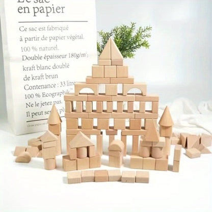 Natural Beech Wood Blocks 100 Piece Unpainted Solid Wooden Building Set – STEM Logical Thinking Toy for Kids Ages 3-12, Castle Stacking Sorting Educational Gift for Boys & Girls