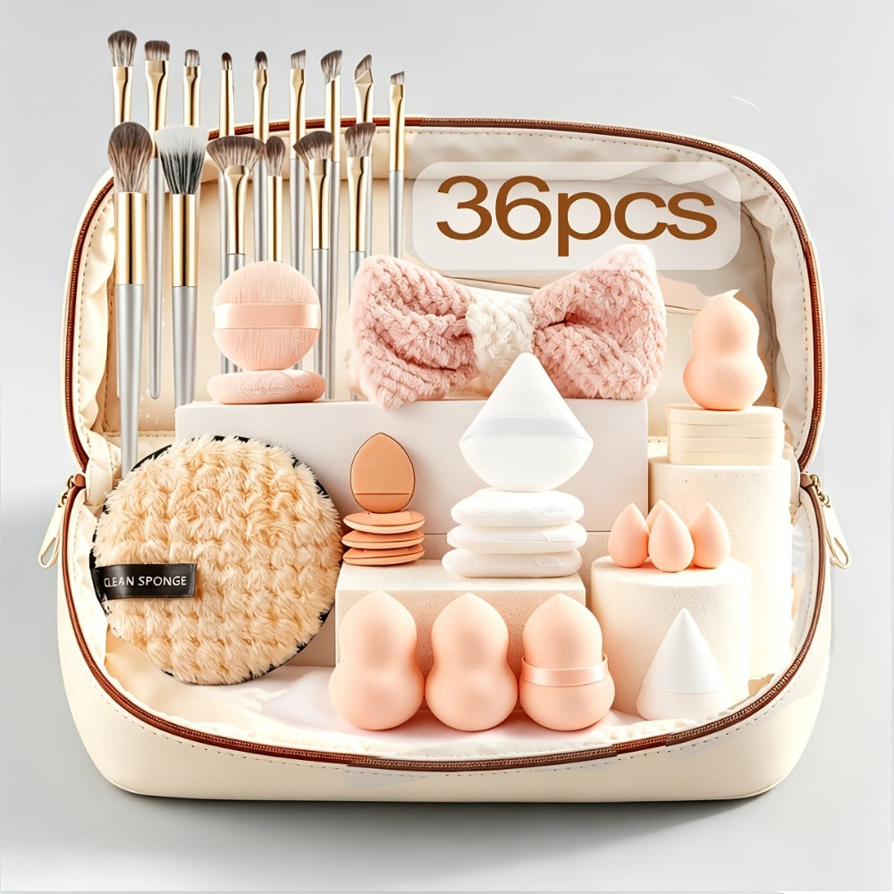 49Pcs Professional Makeup Brush Set Super Soft Nylon Bristles with Expandable Storage Box Concealer Contour Sponge Eyeshadow Powder Highlight Blending Kit Wet Dry Use Women Black Milky White