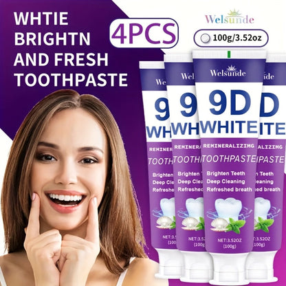 Whitening Toothpaste 4-Pack – 9D White Alcohol-Free Formula, Thorough Deep Cleaning & Brighter Smile, Refreshing Mint Breath, Gentle on Gums, Travel-Friendly 100g, Oral Care Gift for Men & Women