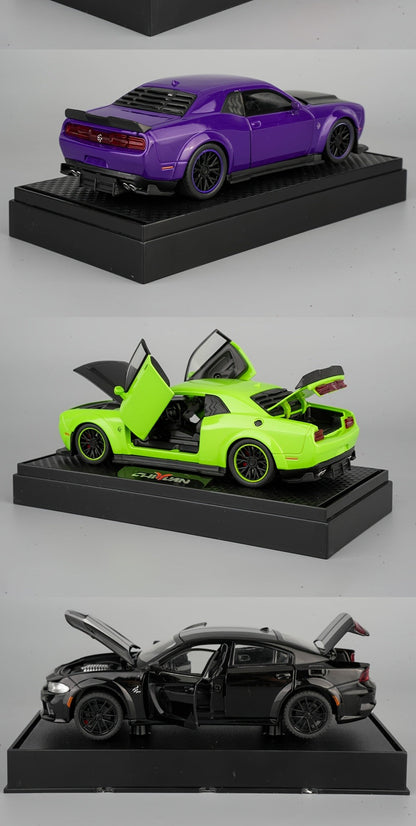 Purple Dodge Sports Car Zinc Alloy Diecast Model with Display Base & Openable Doors – High Simulation Static Display Collectible, Home Office Desktop Decoration, Gift for Car Enthusiasts