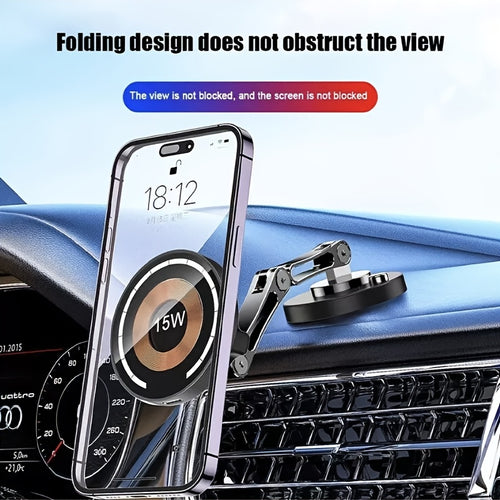 Magnetic Car Mount with 15W Fast Charging, 360° Rotation, Universal Compatibility, Foldable Stand, and Super Magnetic Attraction for Most Smartphones, Without Battery