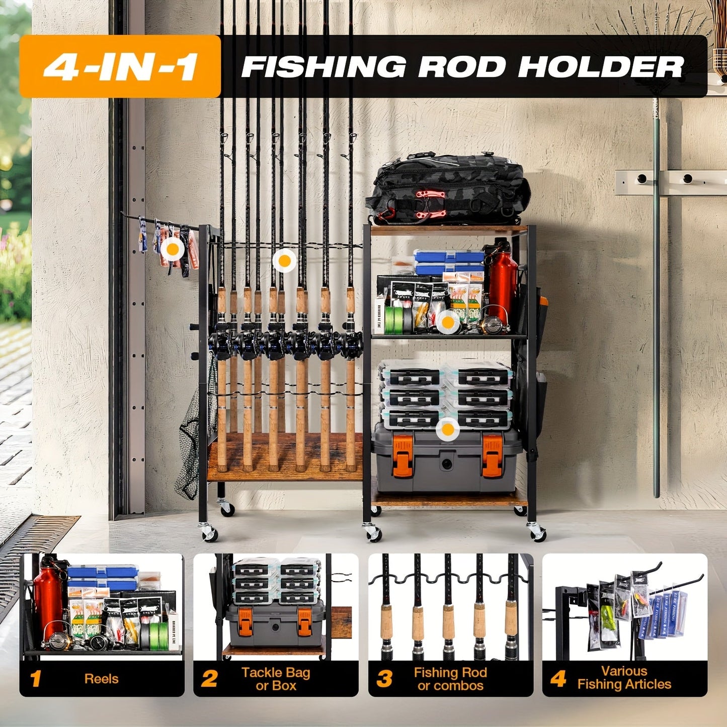 Fishing Rod Holder Rack Rotating Tackle Storage Cart Iron Wood Holds 10 to 12 Rods Garage Fishing Pole Organizer with Wheels Fishing Gear Gift for Men and Women Father Mother