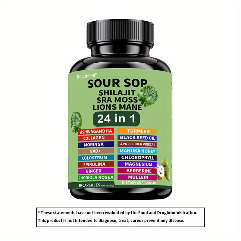 Sea Moss Capsules 24-in-1 with Soursop, Lion's Mane, Shilajit & 20 More Superfoods — Gut Health, Immune Support, Brain & Antioxidant Defense Formula for Women & Men