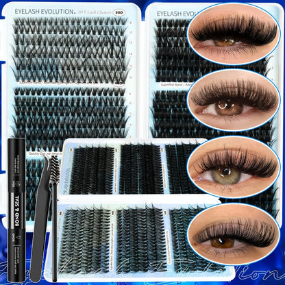 Lash Clusters Kit 720Pcs Individual Eyelash Extensions 30D 50D 80D 100D C Curl Wispy Cluster Lashes with Bond Glue & Tweezers – Complete DIY Lash Extension Kit for Beginners, Natural to Dramatic Eye Look