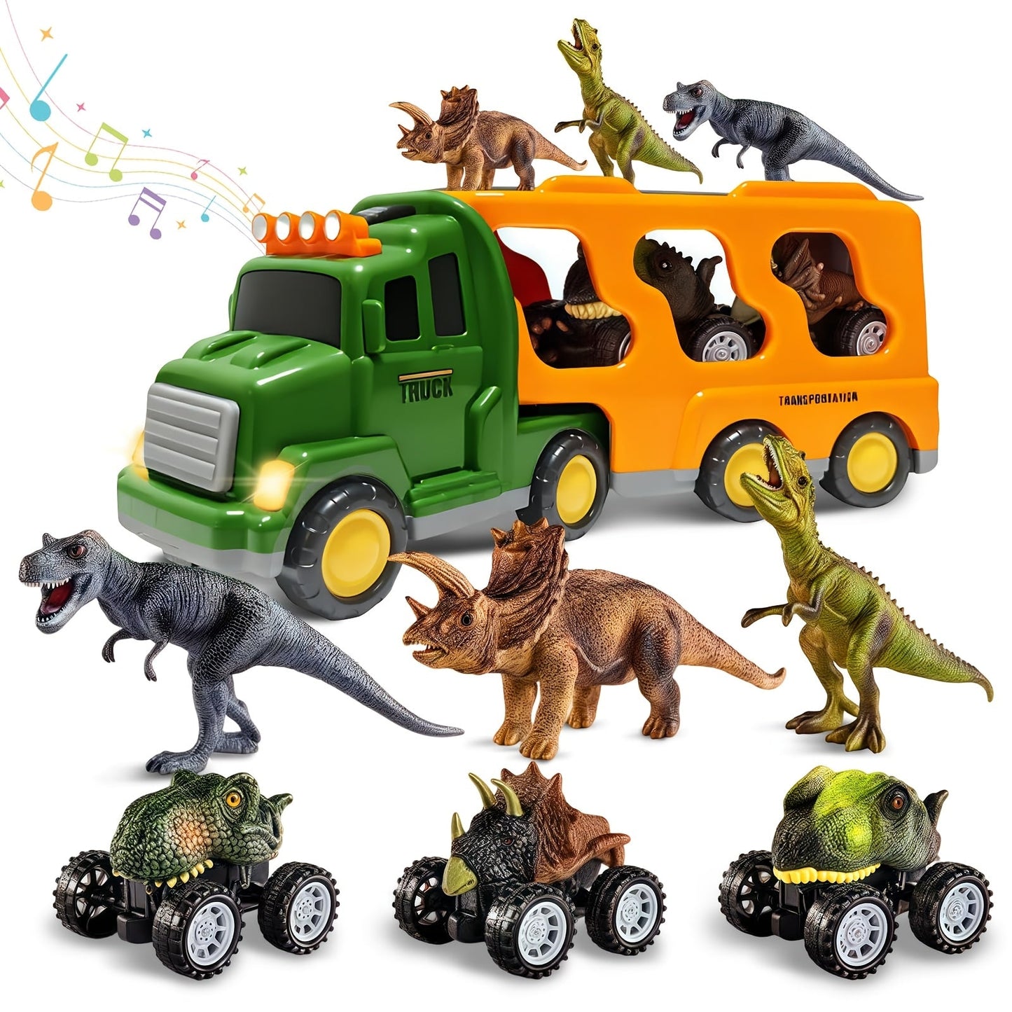 Dinosaur Transport Truck Toy Set with Lights & Sounds – 7-in-1 Dino Carrier with 3 Dinosaur Figures & 3 Monster Cars for Boys Girls Ages 3+, Battery Powered, Birthday Christmas Gift