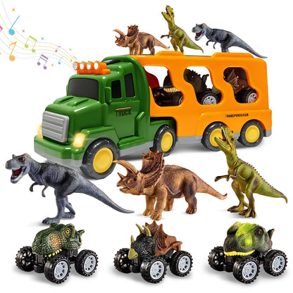 Dinosaur Transport Truck Toy Set with Lights & Sounds – 7-in-1 Dino Carrier with 3 Dinosaur Figures & 3 Monster Cars for Boys Girls Ages 3+, Battery Powered, Birthday Christmas Gift