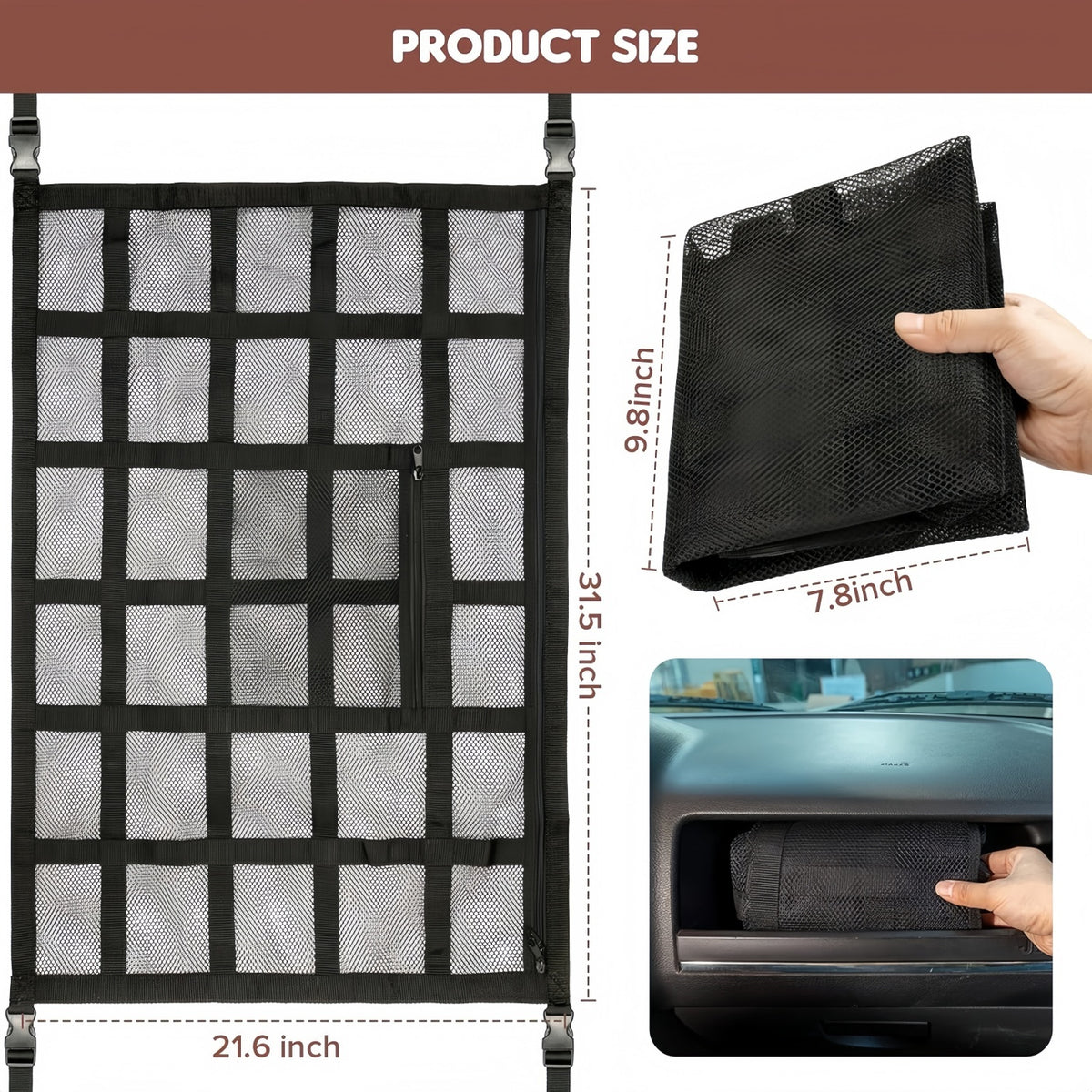 Upgrade Car Ceiling Cargo Net Pocket, 31.5"x21.6" Strengthen Load-Bearing and Droop Less Double-Layer Mesh Car Roof Storage Organizer,Truck SUV Travel Long Road Trip Camping Interior Accessories