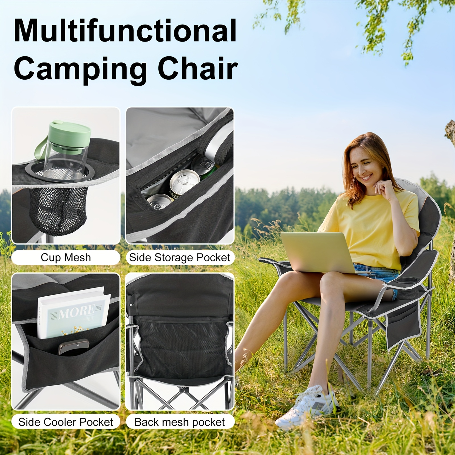 Heavy Duty Folding Camping Chair 600 Lbs Capacity – Padded Seat, Insulated Cooler Bag, Organizer Pockets & 2 Cup Holders for Camping, Beach, Fishing & Outdoor Events