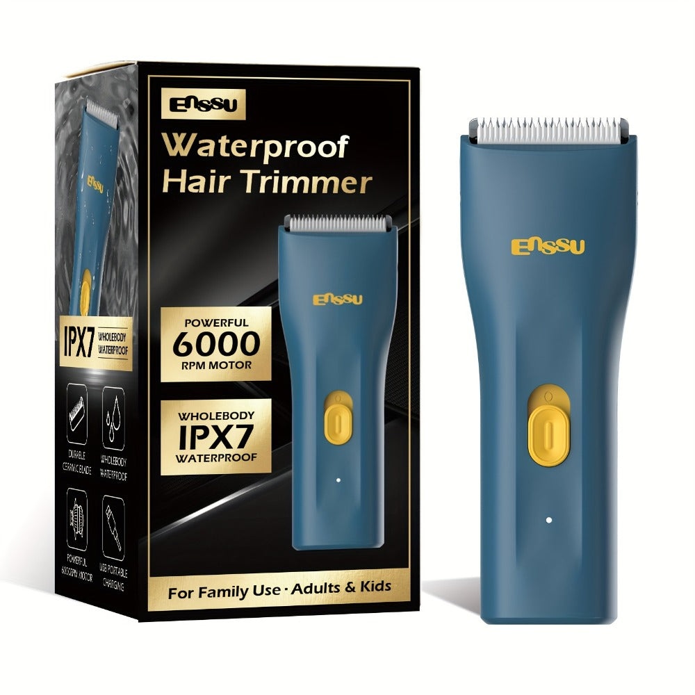 Manscaping Trimmer for Men IPX7 Waterproof Ceramic Blade Electric Groin & Pubic Body Hair Shaver – LCD Battery Display Replaceable Head Safe Grooming Tool, Black Blue White