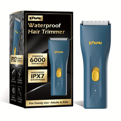 Manscaping Trimmer for Men IPX7 Waterproof Ceramic Blade Electric Groin & Pubic Body Hair Shaver – LCD Battery Display Replaceable Head Safe Grooming Tool, Black Blue White