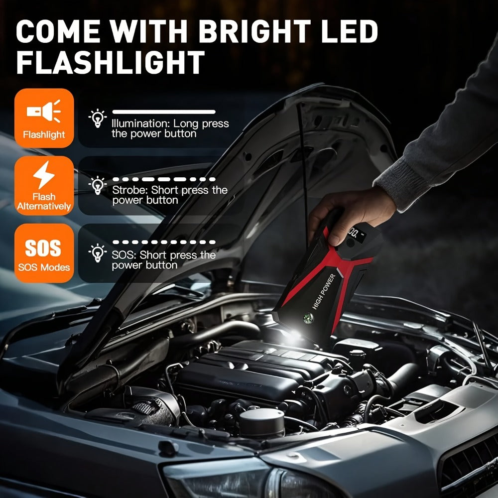 Portable Car Jump Starter with Tire Inflator – 3000A Peak 12V Battery Booster, USB Power Bank, LED Emergency Light, 5-in-1 & 9-in-1 Roadside Emergency Kit for Cars Trucks SUVs
