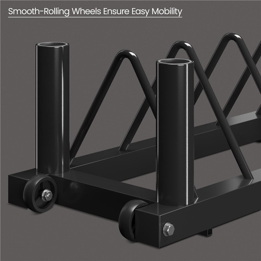 Barbell & Weight Plate Storage Rack with Wheels & Handle – 300 lb Capacity, 2 Barbell Holders, 4 Plate Slots, Powder Coated Steel for Home Gym & Garage Organization