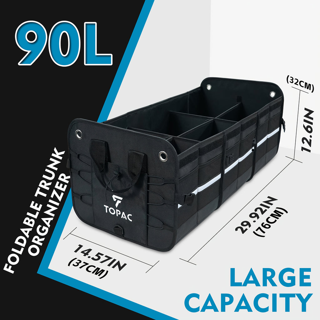TOPAC Car Trunk Organizer with 3 Compartments with Cooler Bag, - Trunk Organizer, Foldable Trunk Organizer for SUVs & Sedans, Sturdy Car Organization for Car Accessories, Tools, Sundries, Black, 29.92*14.57*12.61"