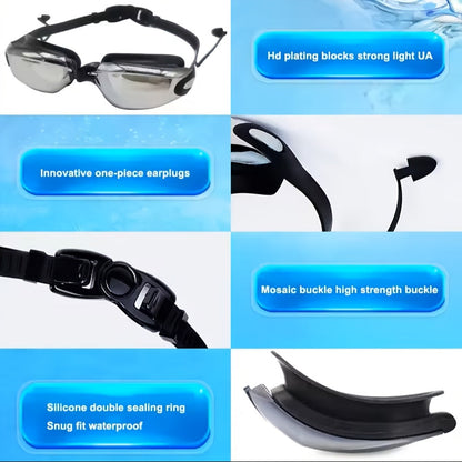 Anti-Fog Racing Swim Goggles Set 6-in-1 - HD UV Protection Silver Coated PC Lens, Waterproof PU Swim Cap, Nose Clip, Earplugs, Goggle Case & Storage Bag for Adult Men Women Pool Training Competition