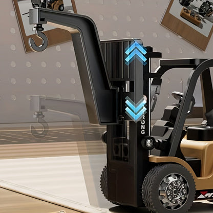 RC Forklift Toy 1/64 Scale Alloy Die Cast Remote Control Forklift Truck 7 Channel 3-in-1 Lift Fork Hook with Lights Rechargeable Kids Christmas Gift