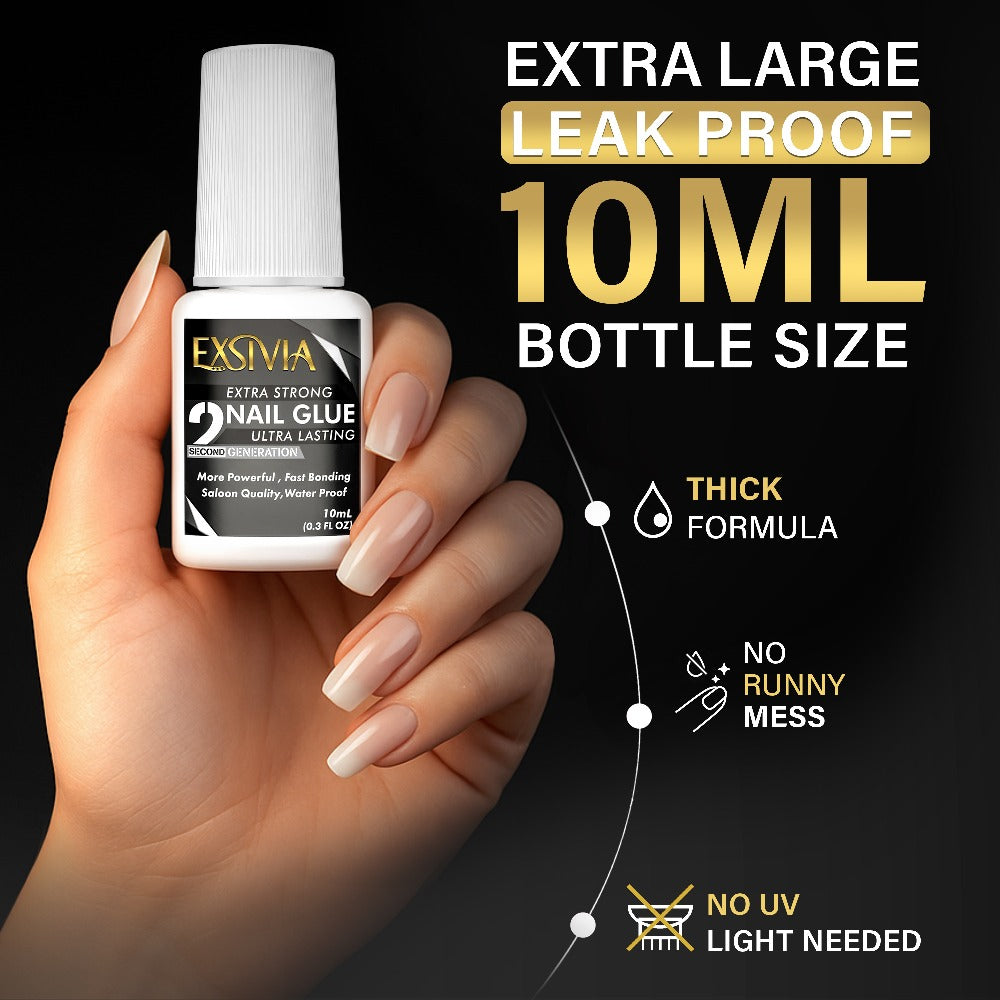 Extra Strong Brush On Nail Glue 10ml Exsivia - Quick Dry Waterproof Long Lasting Bond for Press On Nails Acrylic Fake Nail Tips - No Dehydrator or Primer Needed Salon Quality Nail Adhesive for Women