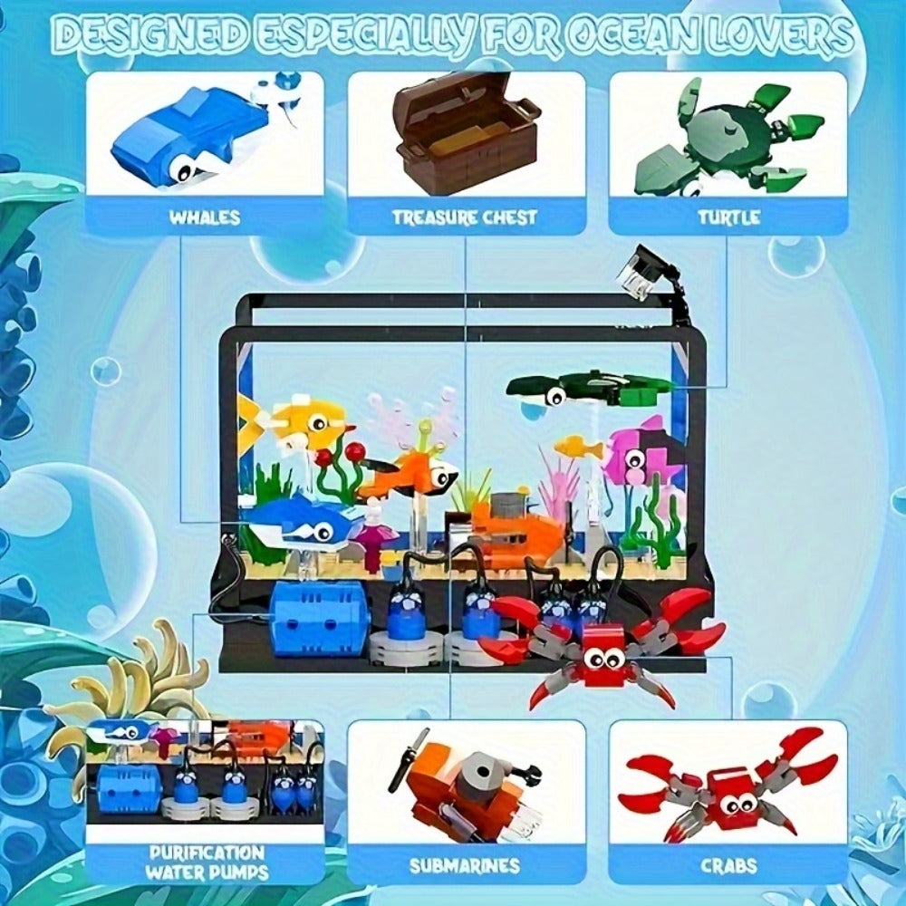 Ocean Fish Tank Building Blocks Set 501 Pcs LC8059 – LED Light Aquarium Model Whale Shark Sea Turtle Marine Life Desktop Decoration Night Light Birthday Christmas Gift Kids Adults