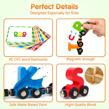 Magnetic Wooden Alphabet Train Set 27PCS ABC Letter Learning Toy with 42 Double-Sided Flash Cards, Engine & Storage Bag – Educational STEM Gift for Boys & Girls Ages 3-6
