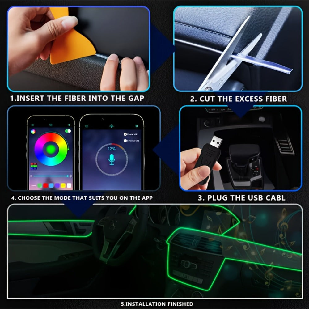 RGB Car Interior Ambient Lights LED Strip 8-Color App Control Music Sync Dashboard Door Console Neon Lighting Kit for Tesla Truck SUV Off-Road, USB 5V Plug-and-Play Car Decor Accessories