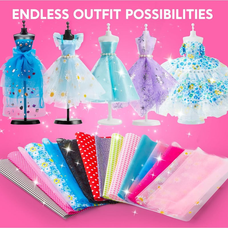 Fashion Design Kit for Girls 400+ Pieces – 3 Mannequins 21 Fabrics Ribbons Trims No-Sew DIY Dress Up Craft Set, Birthday Gift for Aspiring Designers Ages 8 9 10 11 12