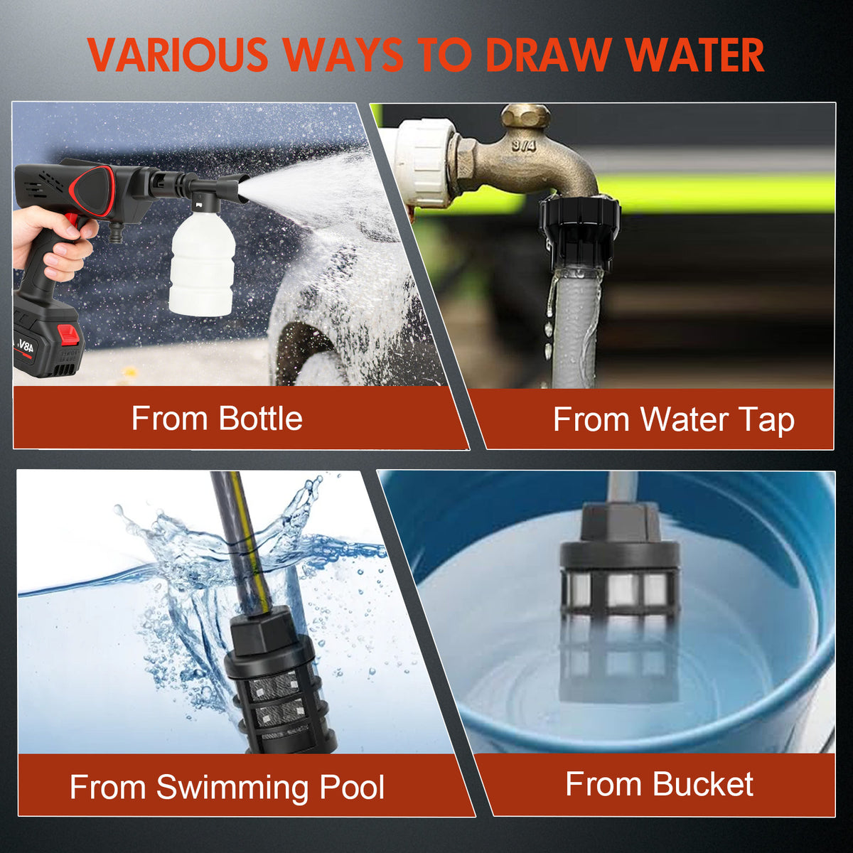 Cordless Power Washer 21V 1100PSI, High Pressure Water Gun with Pure Copper Motor, 6 Adjustable Spray Modes, 4000mAh Battery, 196.85inch Hose, Faucet & Bucket Intake, Black/Yellow, for Car Fence Garden Washing