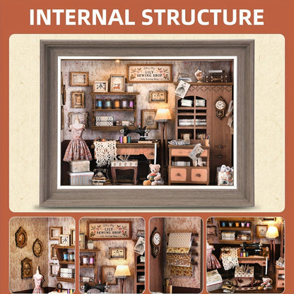 Book Nook Insert Kit DIY 3D Wooden Sewing House Miniature Model Building Set – Bookshelf Decor Craft for Adults Teens, Birthday Christmas Housewarming Gift, Choose Seam House Fireplace or Dwarf Style