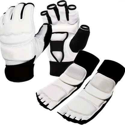 Taekwondo Sparring Gear Set Half Finger Gloves Hand & Foot Protectors with Wrist Wraps & Ankle Support for Boxing Kickboxing Men Women