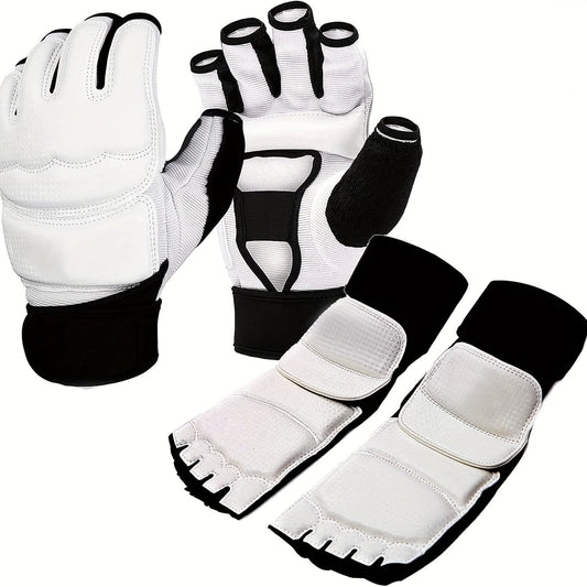 Taekwondo Sparring Gear Set Half Finger Gloves Hand & Foot Protectors with Wrist Wraps & Ankle Support for Boxing Kickboxing Men Women