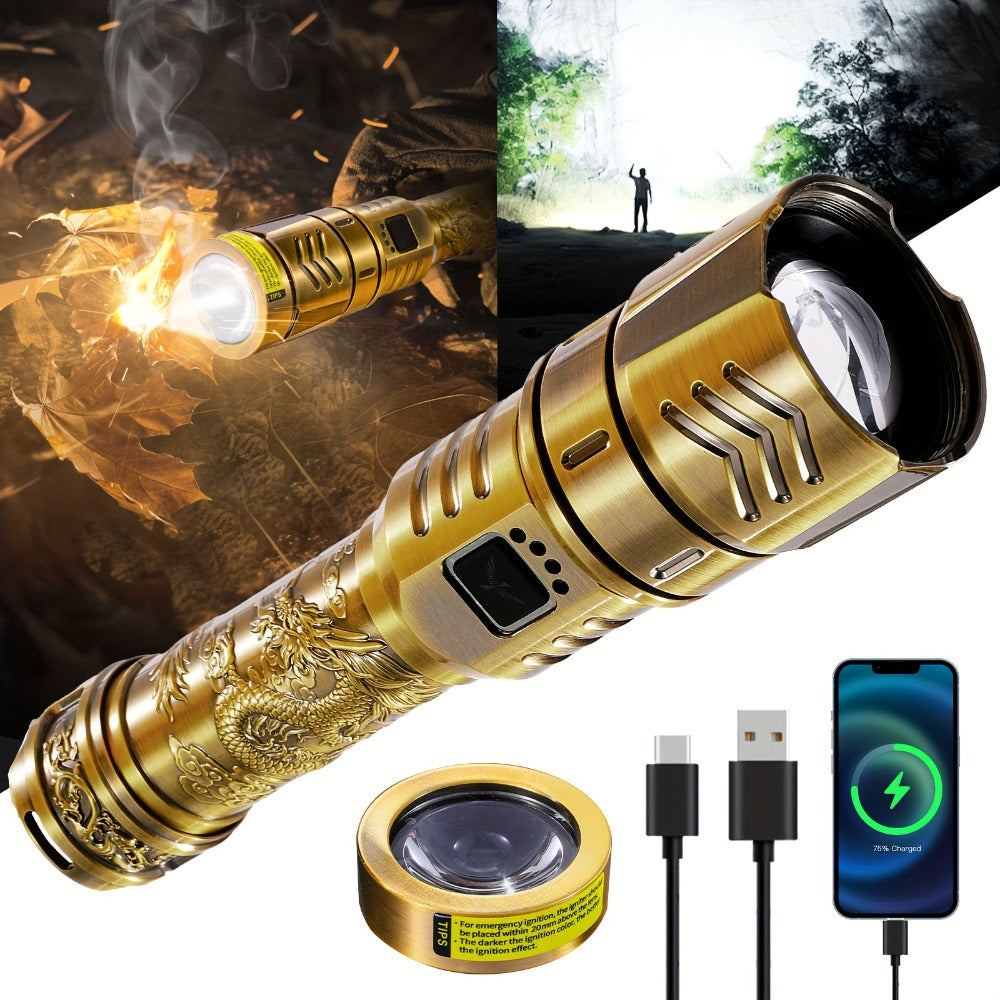 Tactical LED Flashlight 5000mAh Rechargeable Zoomable with Ignition Lens – 4 Modes High Brightness Golden Dragon Pattern Spotlight for Camping Outdoor Hiking Emergency Household Use
