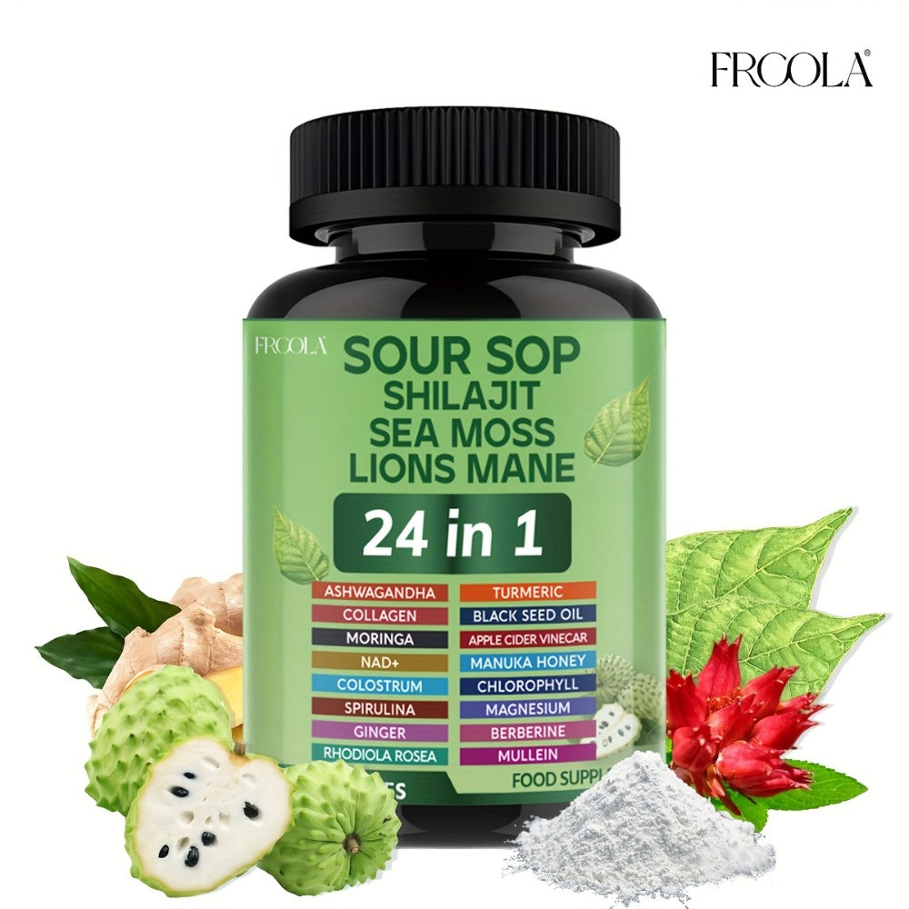 Soursop Capsules 24-in-1 with Sea Moss, Shilajit, Lion's Mane, Black Seed Oil, Chlorophyll & Turmeric – Immune & Liver Health Daily Wellness Supplement for Women & Men