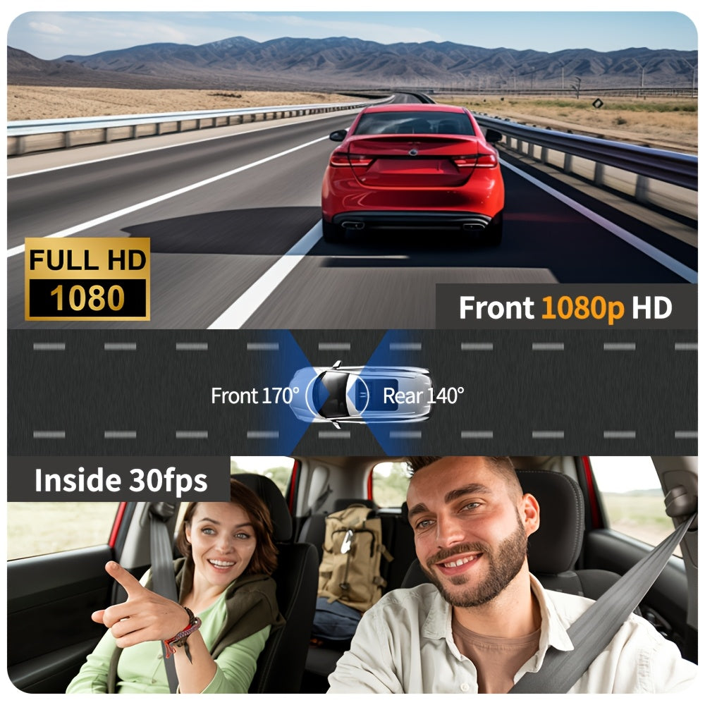 1080P HD Front And Cabin Dual-Camera Dash Cam, Equipped with 2-Inch IPS Screen, 170° Front Wide Angle And 140° Rear Wide Angle, ADAS Driving Assistance, G-Sensor, Loop Recording, Night Vision, 24-Hour Parking Mode - Sd Card Not Included