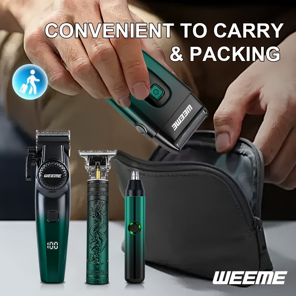 Hair Cutting Set 4pcs Professional - Electric Hair Clipper, Electric Shaver, T-Blade Trimmer & Nose Hair Trimmer, Gradient Green Gift Box, Precise Grooming Kit for Home Use & Gift
