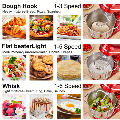 Stand Mixer 1200W 6L Stainless Steel Bowl - Kitchen Food Stand Mixer with Dough Hook, Whisk & Beater, 6-Speed Tilt-Head Electric Mixer for Baking, Kneading, Whipping, Red