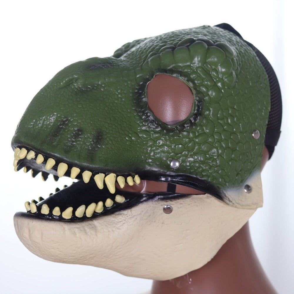 Realistic Dinosaur Latex Full Head Mask with Openable Mouth – Breathable Natural Rubber Halloween Costume Prop for Cosplay, Role Play, Pranks & Parties, Orange Gray Green, Gift for Adults & Teens