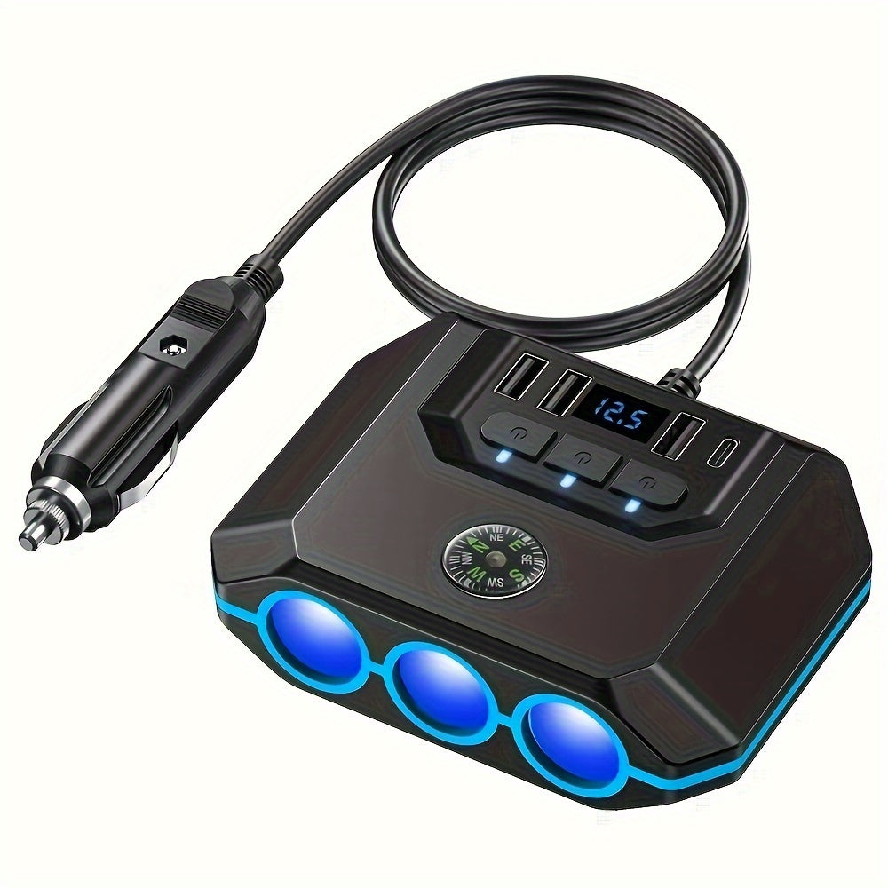 Car Lighter Splitter Charger Adapter 3 Socket Power Outlet 120W USB 12V/24V Car Socket Outlet Splitter with Voltage Monitor Independent Switch for