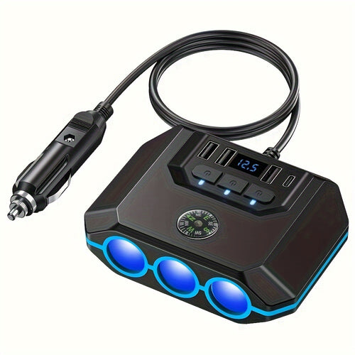 Car Lighter Splitter Charger Adapter 3 Socket Power Outlet 120W USB 12V/24V Car Socket Outlet Splitter with Voltage Monitor Independent Switch for