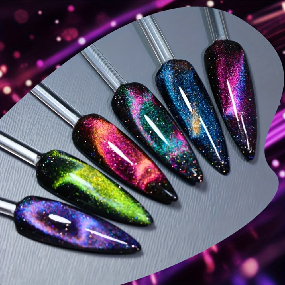 Cat Eye Gel Nail Polish Set 6 Colors 9D Magnetic Polaris Glass Water Light Effect - Semi-Permanent Soak Off LED UV Gel 0.34oz Each - Long Lasting Shimmer Nail Art for Women Salon Home DIY