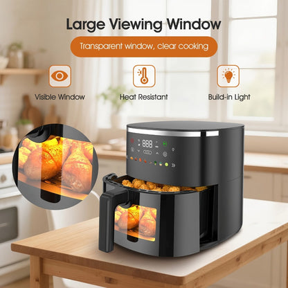 Air Fryer 6QT with 8 Preset Functions, Visible Window, Adjustable Temperature & Timer – Large Capacity Oil-Free Cooker for Crispy Fries, Chicken, Vegetables & More, Easy to Clean Home Kitchen
