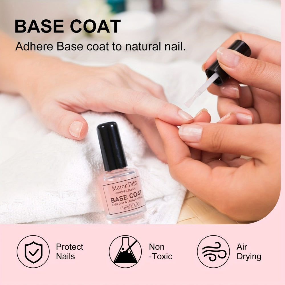 Nail Base Coat and Top Coat Kit — High Gloss Long-Lasting Air Dry Non-Gel Nail Care Set with Nutrient Oil & Drying Agent, Professional Home Manicure Treatment Essentials for Women (15ml / 0.5oz Each)