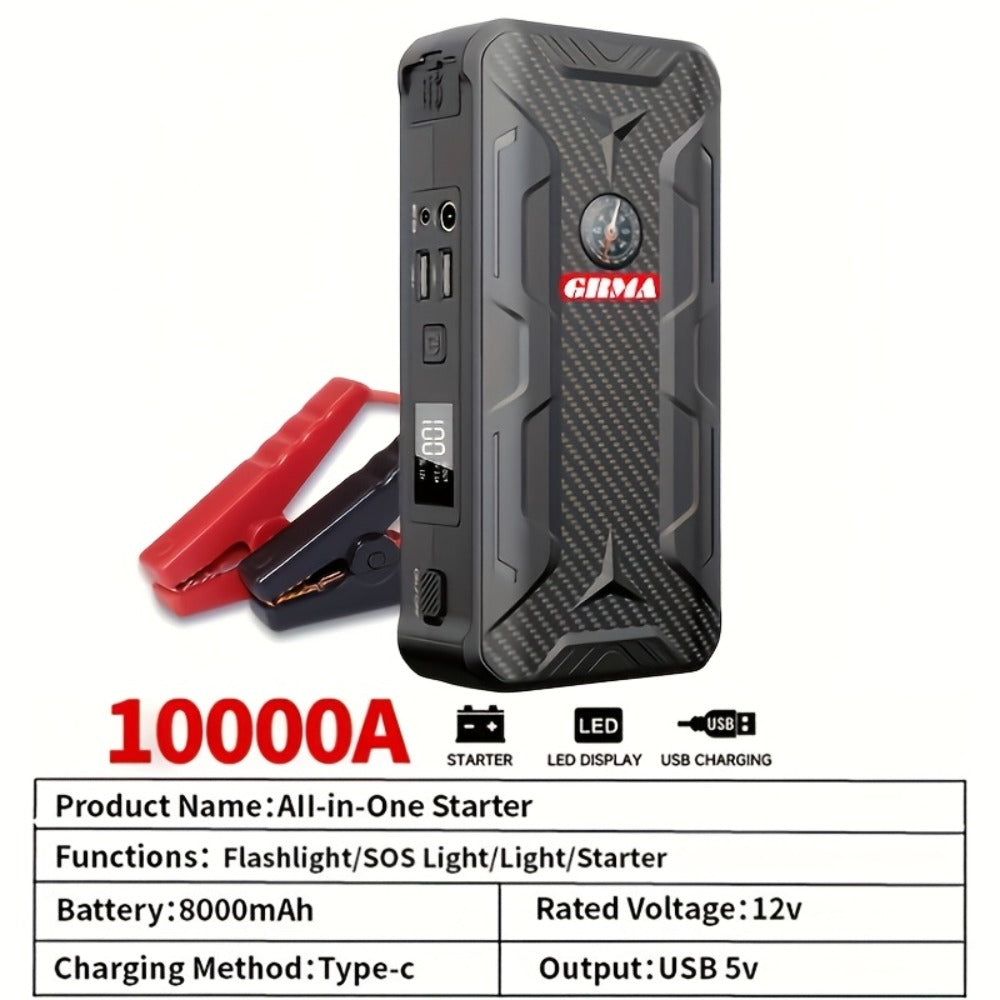 Portable Car Jump Starter 12V – Peak Power Battery Booster Pack for 8.0L Gas & Diesel Engines, USB Charging & LED Emergency Light, Roadside Car Starter Kit