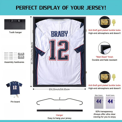 Jersey Display Case Shadow Box - Lockable UV Protection Frame for Baseball Basketball Football Soccer Hockey Sport Shirt, Matte Black