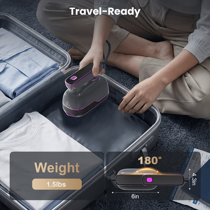 Mini Travel Steamer 2-in-1 Dry Steam Iron Foldable 180 Degree Handle 15-Second Heat 85ml Leak-Proof Tank ETL Certified for All Fabrics Home Travel Purple Black
